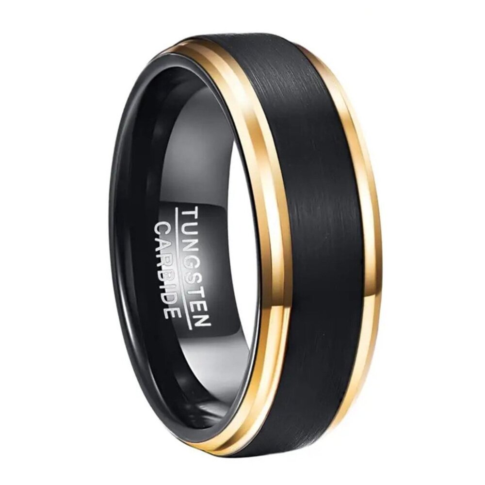 8mm Elegant Men's Black Matte Tungsten Carbide Ring with Golden Trim